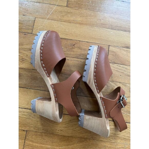MIA Abba Summer Wooden Clog Sandals Sweden Size 38 Luggage Brown Leather - Picture 14 of 15